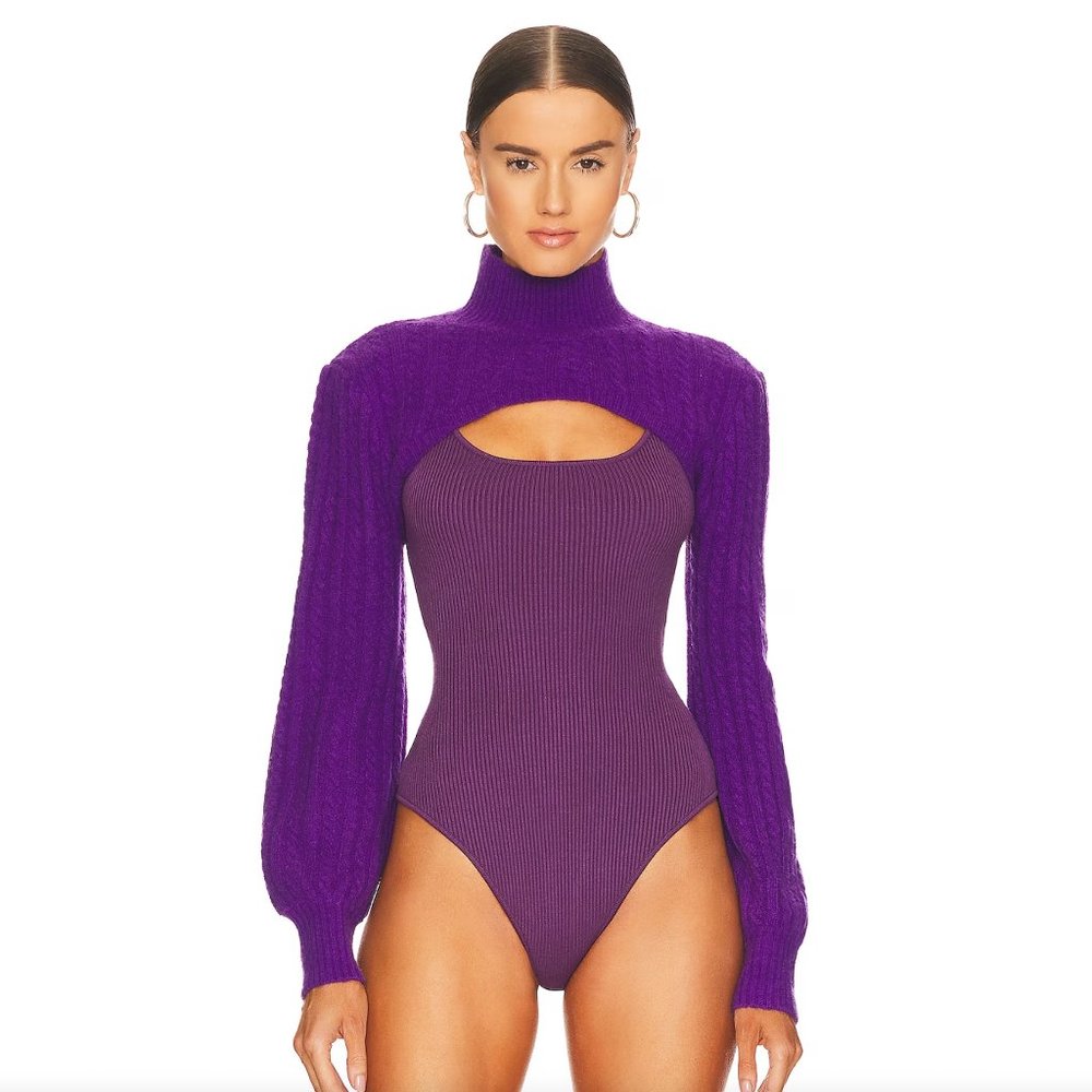 NEW fleur du mal Knit Cutout Front Bodysuit Ultraviolet Purple Long Sleeve Shrug